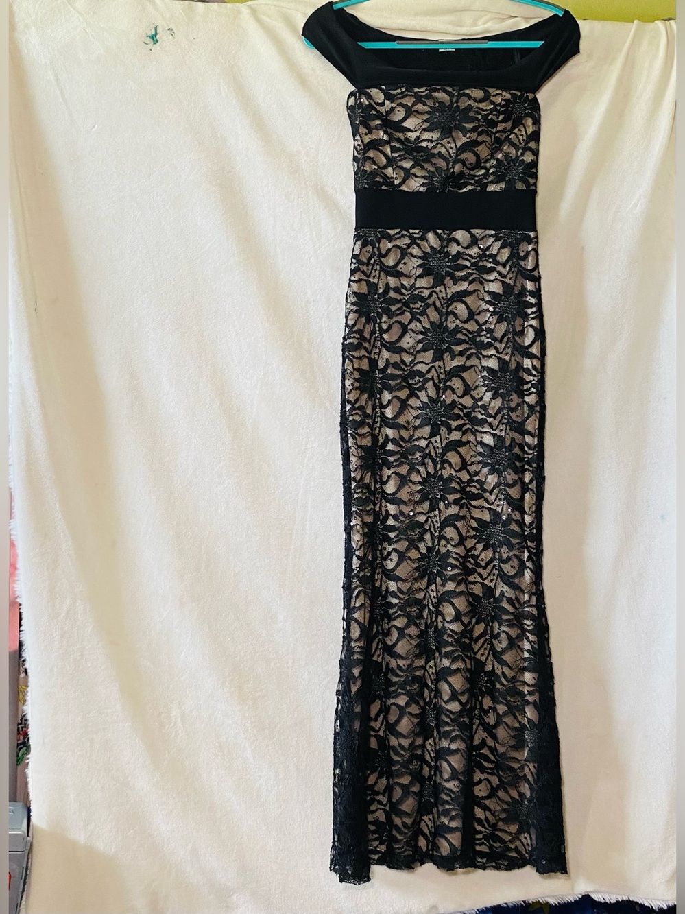 Black Lace Maxi Dress with Nude Underlayer